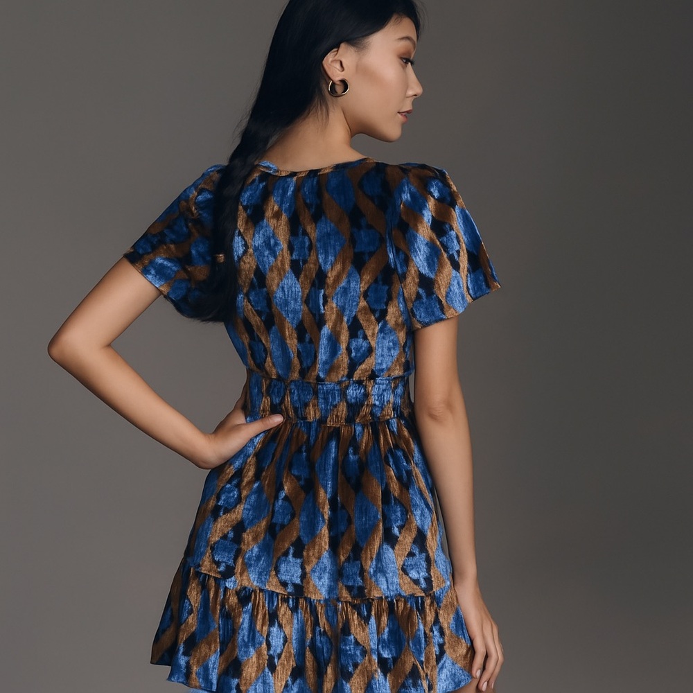 Anthropologie Somerset Mini Dress Velvet Geometric Blue Rust Motif Size Small - Picture 6 of 11